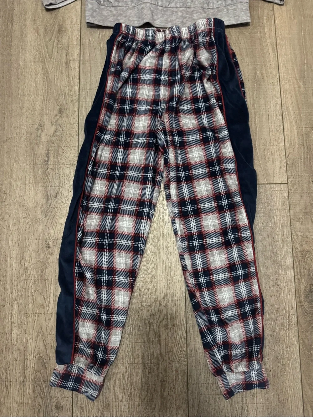 Flame Resistant Gray Top with Navy & Red Plaid Pajama Set